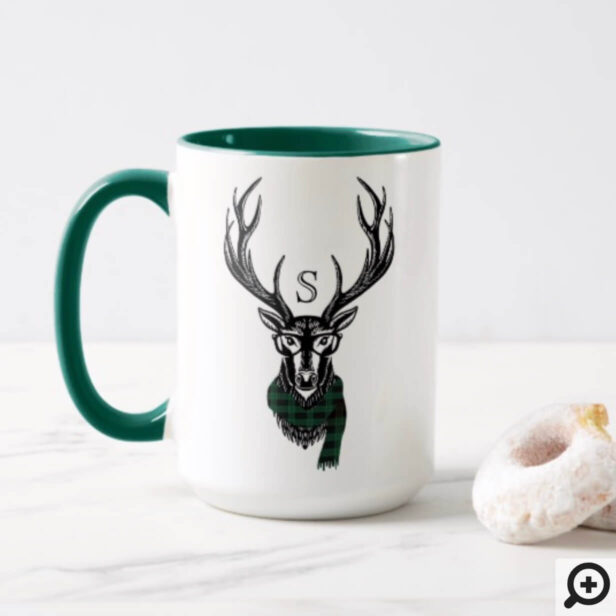 Cozy & Warm | Green Buffalo Plaid Deer Monogram Mug
