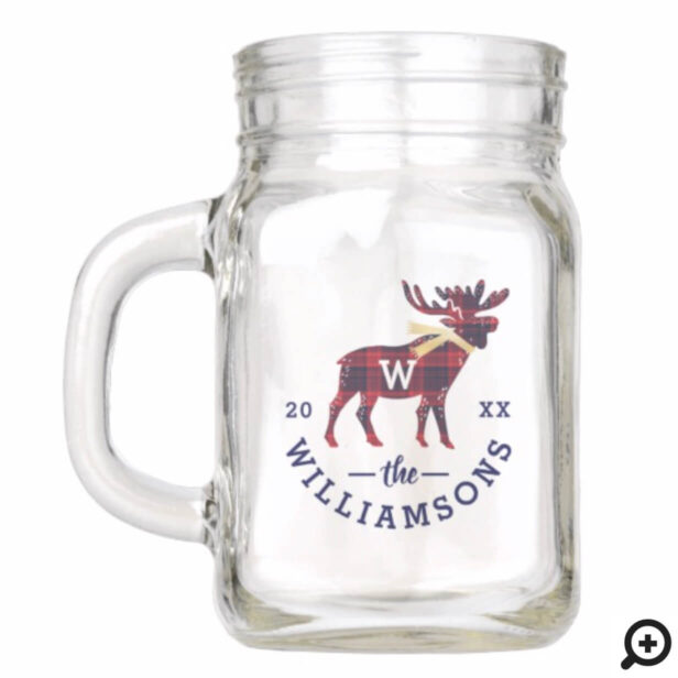 Navy & Red Buffalo Plaid Moose Monogram Christmas Mason Jar