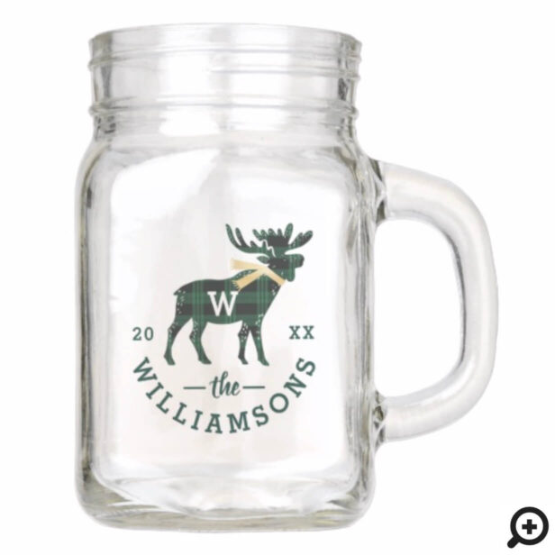 Deep Green Buffalo Plaid Moose Monogram Christmas Mason Jar