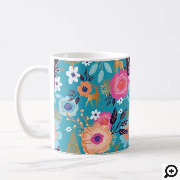 Vintage Florals, Reindeer & Snowflake Pattern Coffee Mug