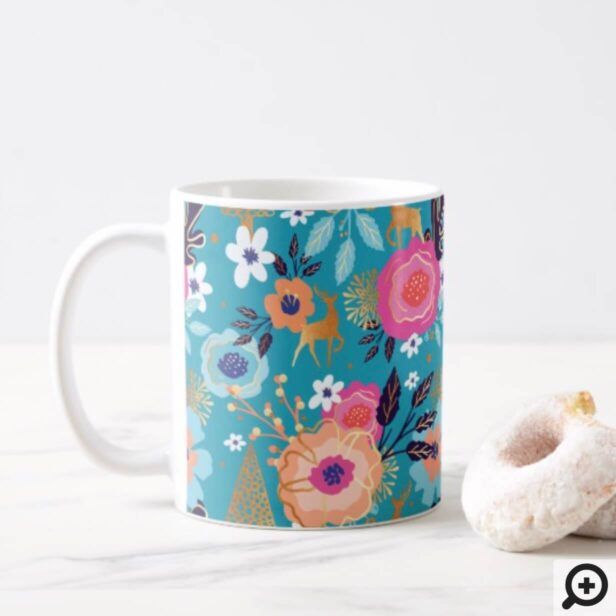 Vintage Florals, Reindeer & Snowflake Pattern Coffee Mug
