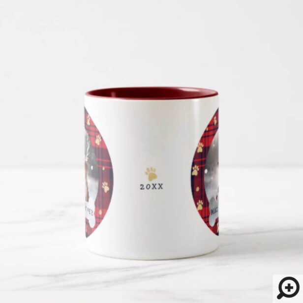 Red & Navy Blue Plaid & Gold Paw Print Pet Photo Two-Tone Coffee Mug