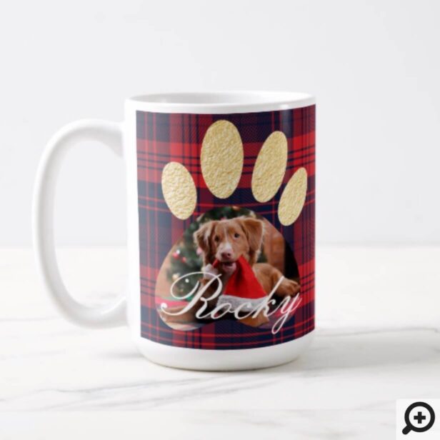Red Plaid & Gold Pet Paw Print Photo & Snowflakes Coffee Mug