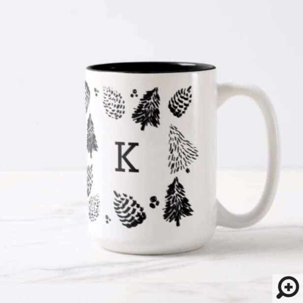 Black & White Pinecones & Pine Tree Monogram Two-Tone Coffee Mug