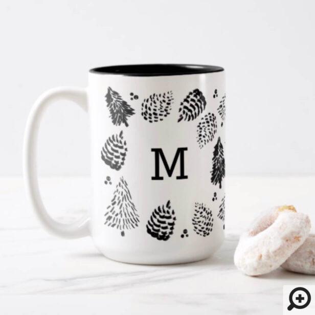 Black & White Pinecones & Pine Tree Monogram Two-Tone Coffee Mug