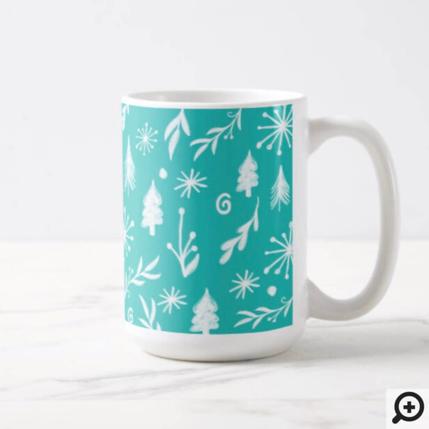 Teal & Red Festive Pine Trees & Snowflakes Photo Coffee Mug