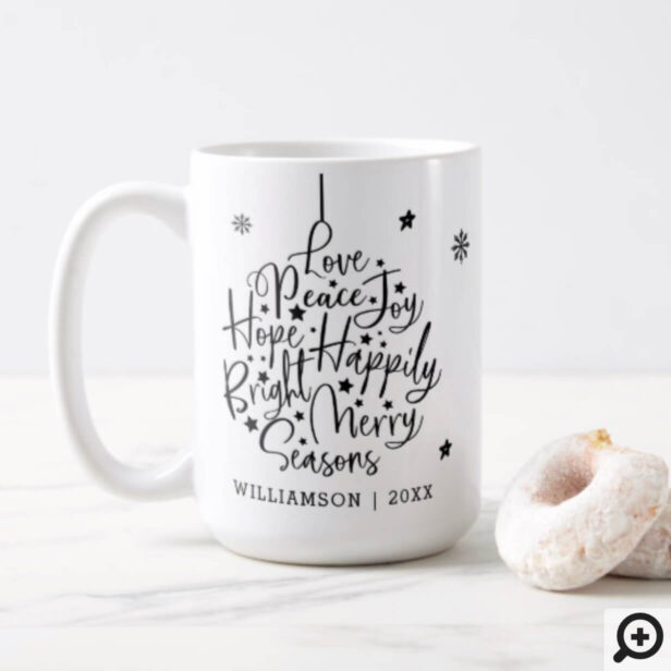 Black White Greetings Typography Holiday Ornament Coffee Mug