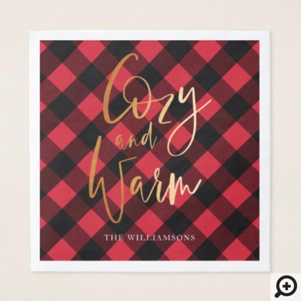 Cozy & Warm Script | Red Buffalo Plaid Christmas Napkin