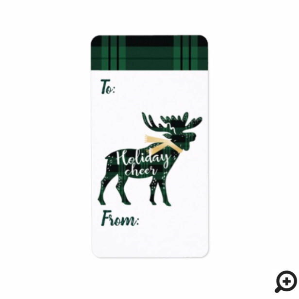 Holiday Cheer Green Buffalo Plaid Moose Christmas Label
