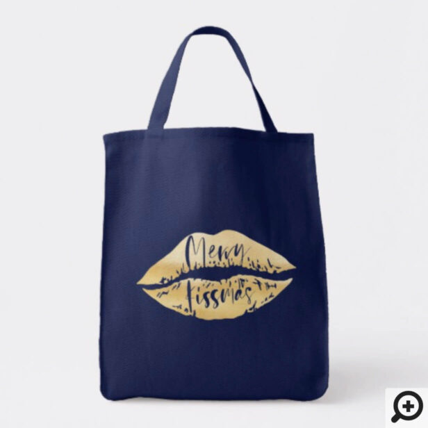 Merry kissmas Stylish Brush Script Gold Lips Tote Bag
