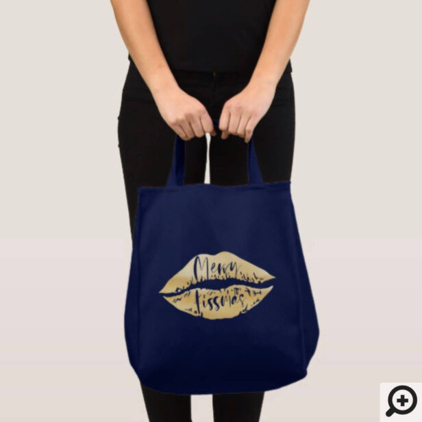 Merry kissmas Stylish Brush Script Gold Lips Tote Bag