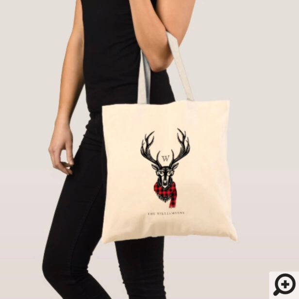 Cozy & Warm | Red Buffalo Plaid Reindeer Monogram Tote Bag
