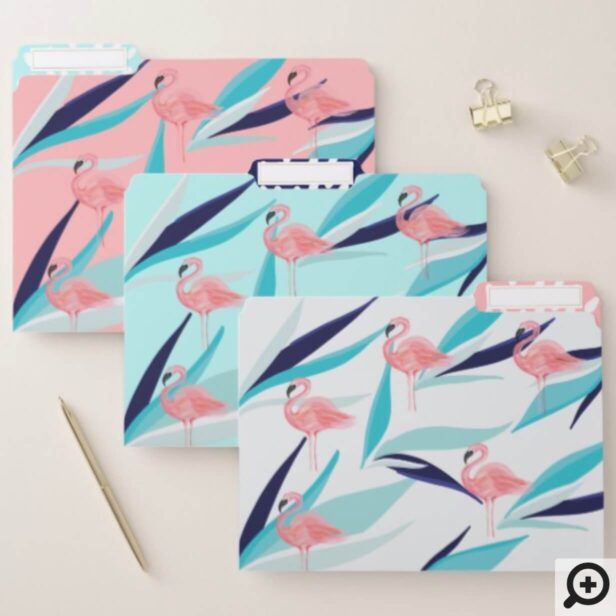 Trendy Pink & Aqua Tropical Flamingo & Palm Leafs File Folder