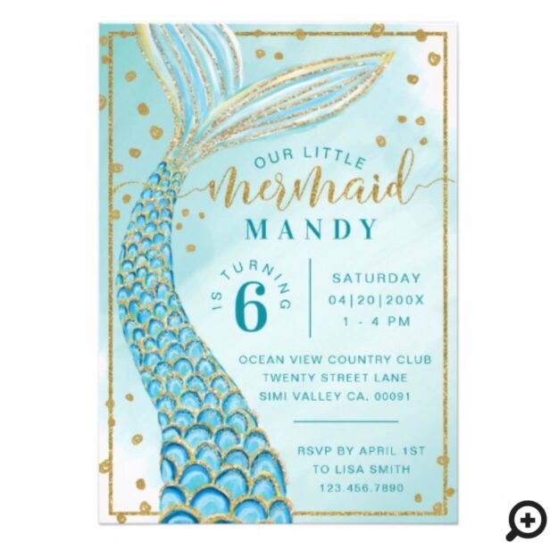 Aqua Green Gold Little Mermaid Birthday Invitation