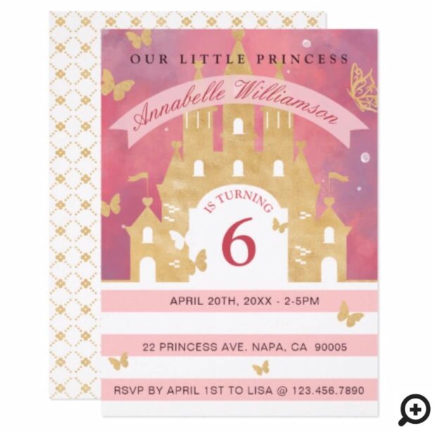 Cute Princess Pink Gold Castle Birthday Invitation