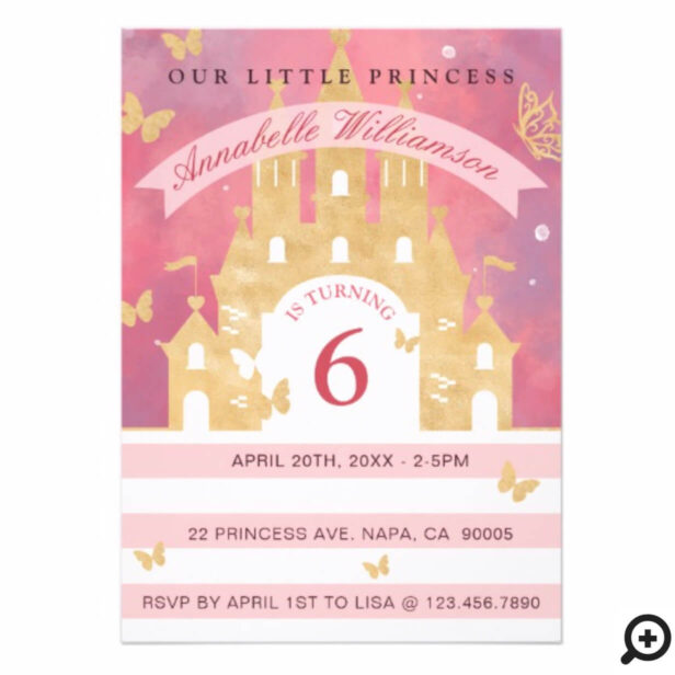 Cute Princess Pink Gold Castle Birthday Invitation