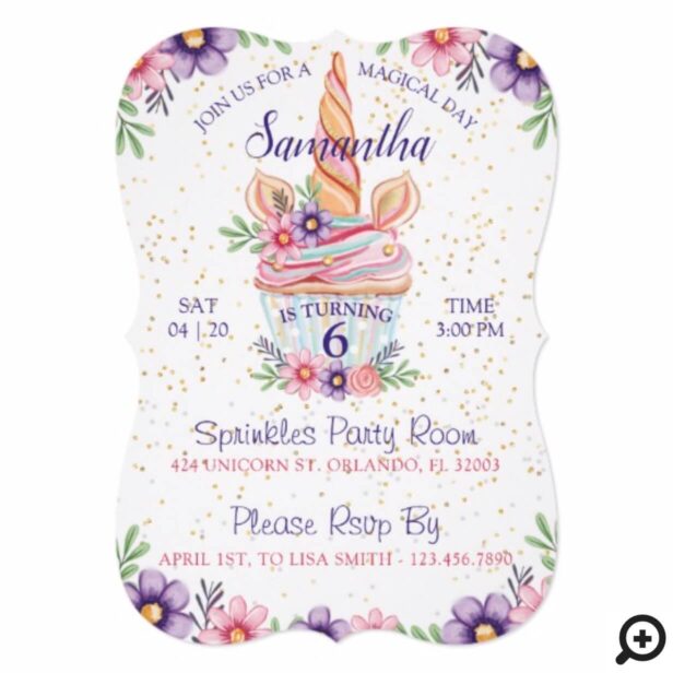 Magical Floral Unicorn Cupcake Birthday Invitation