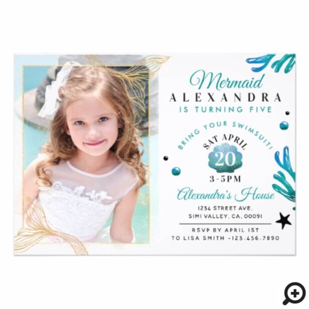 Cute Little Girl Mermaid Photo Birthday Invitation