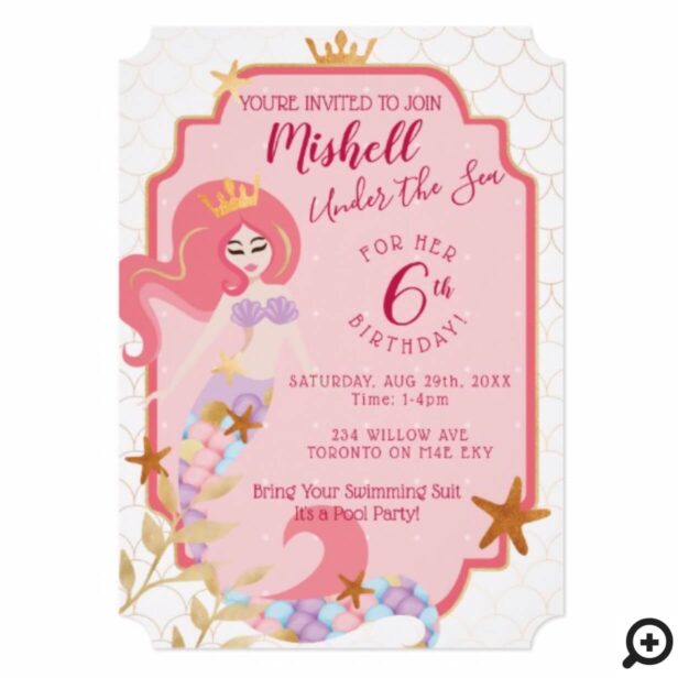 Girl's Birthday Mermaid Princess Party Invitation