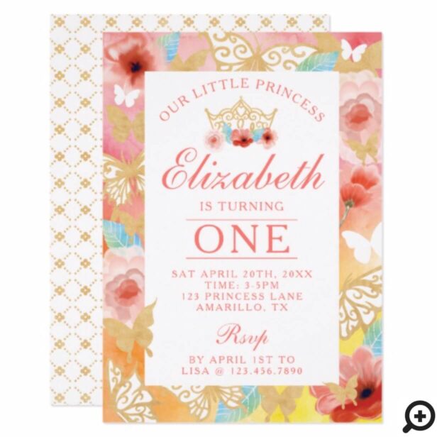 Butterfly Royal Floral Crown Pink Gold Invitation