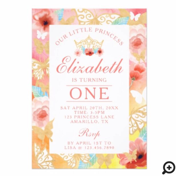 Butterfly Royal Floral Crown Pink Gold Invitation