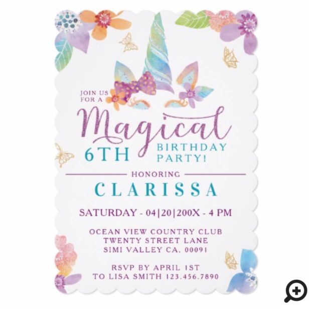 Magical Floral Unicorn Girl's Birthday Invitation