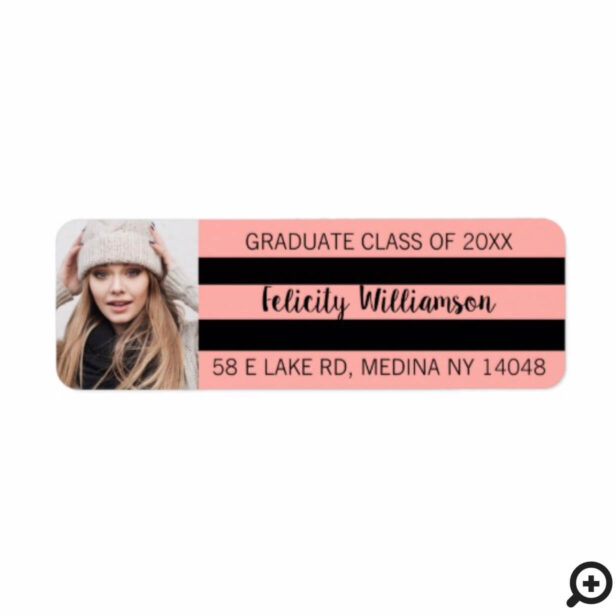 Modern Pink & Black Striped & Photo Graduation Label