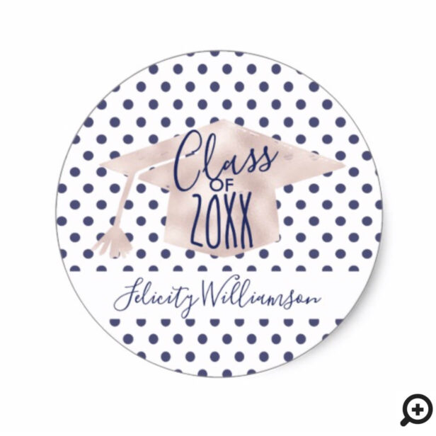 Trendy Pink & Blue Polka Dot Grad Cap Graduation Classic Round Sticker