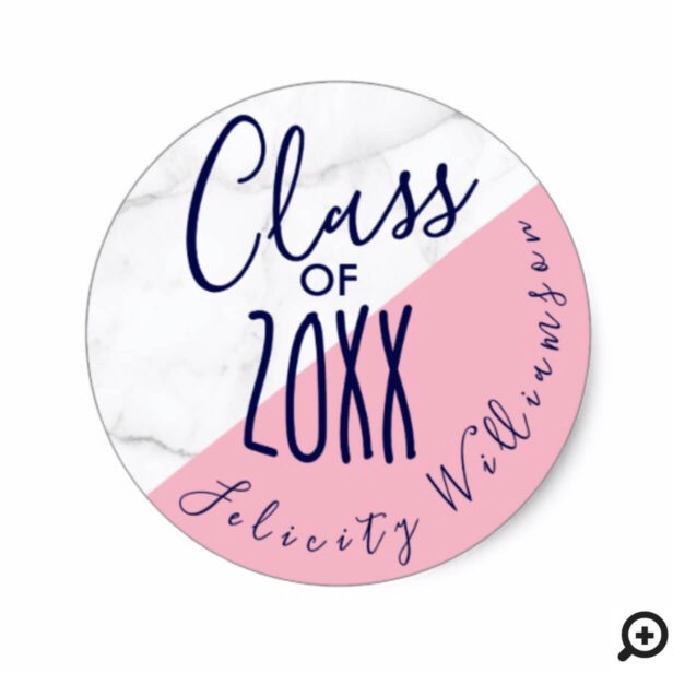 Clean, modern and trendy pink marble graduation classic round sticker