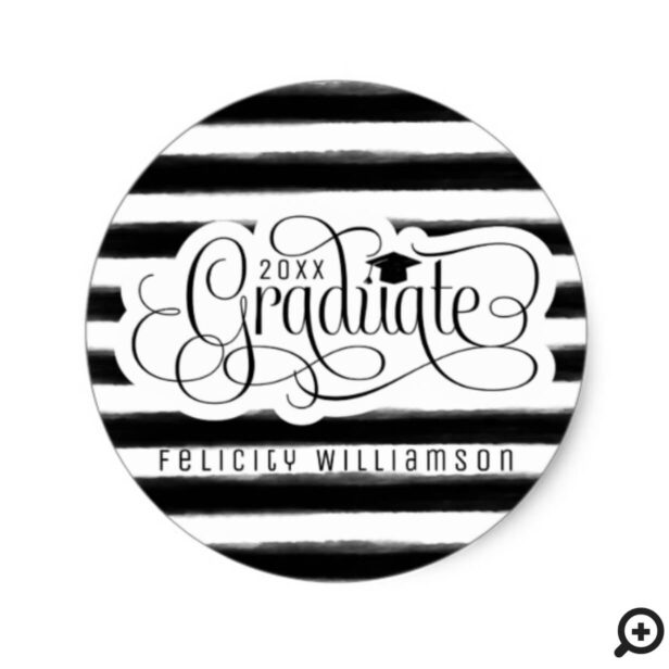 Trendy Elegant Black White Stripe Grad graduation Classic Round Sticker