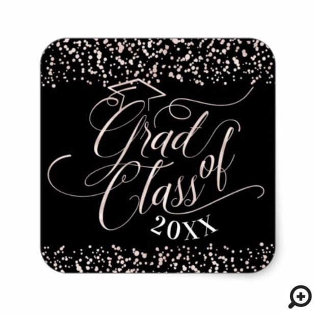 Elegant Black & Rose Script Graduation Confetti Square Sticker