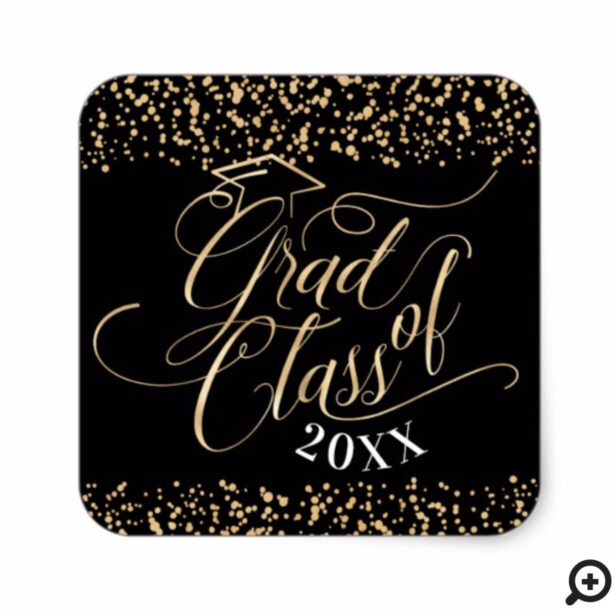 Elegant Black & Gold Script Graduation Confetti Square Sticker