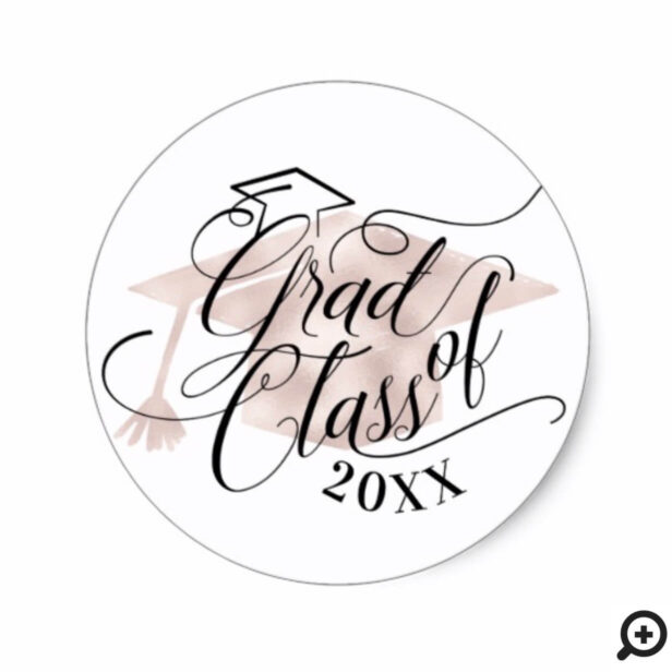 Elegant Black Script Typographic Pink Grad Cap Classic Round Sticker