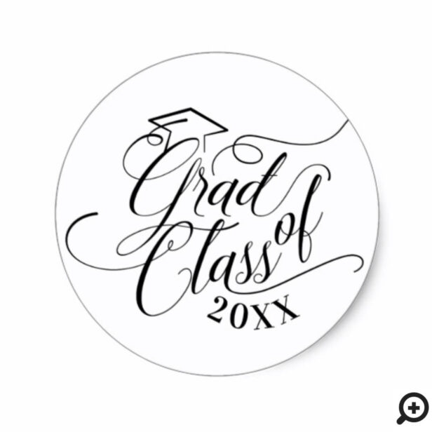 Elegant Black Script Typographic Grad Cap Class of Classic Round Sticker