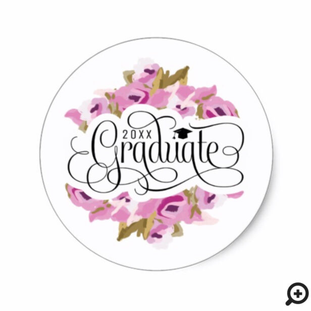 Chic Modern Abstract Floral Typographic Graduation Classic Round Sticker
