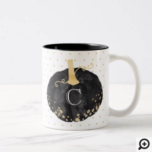 Black & Gold Watercolor Monogram Pumpkin Halloween Two-Tone Coffee Mug