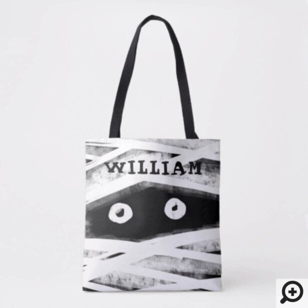 Personalized Black & White Mummy Face Halloween Tote Bag