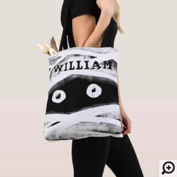 Personalized Black & White Mummy Face Halloween Tote Bag