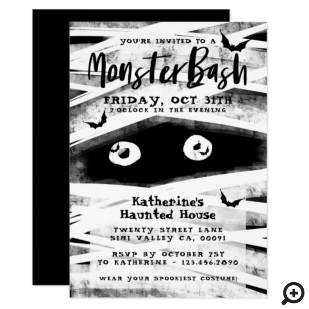 Monster Bash | Black & White Mummy Halloween Party Invitation