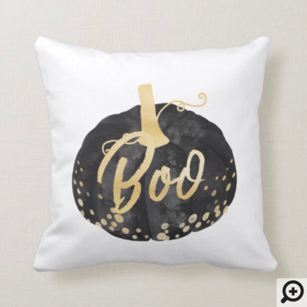 Chic Black & Gold Watercolor Halloween Pumpkin Boo Throw Pillow