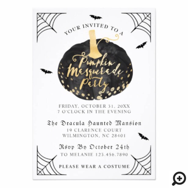 Black & Gold Pumpkin Masquarade Halloween Party Invitation