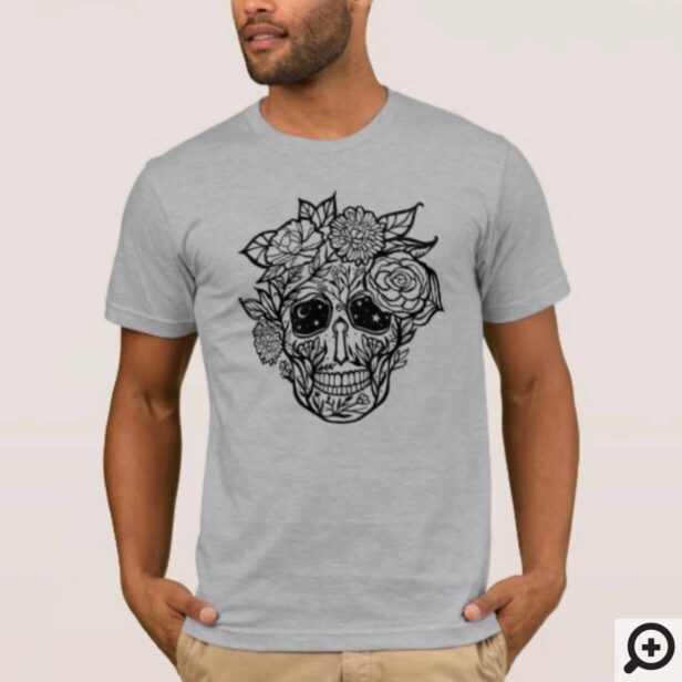 Bold Line Drawn Black & White Floral Sugar Skull T-Shirt