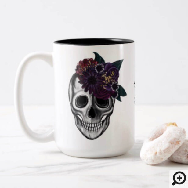 Black & Gold Moody Floral Halloween Skull Monogram Two-Tone Coffee Mug