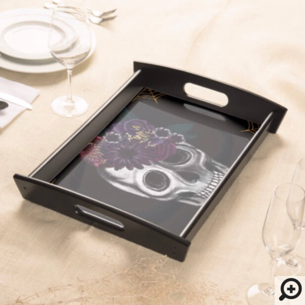 Black & Gold Moody Floral Halloween Skull Party Serving Tray