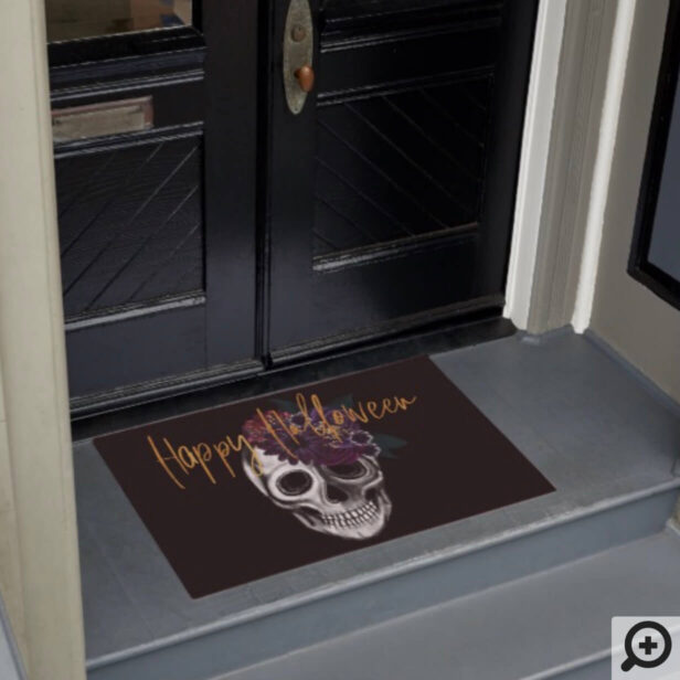 Black & Gold Moody Floral Happy Halloween Skull Doormat