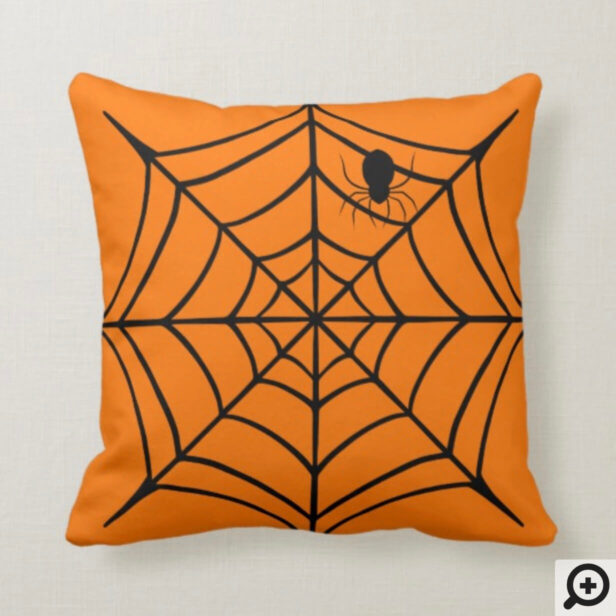 Spooky Black & Orange Spiderweb Spider Halloween Throw Pillow