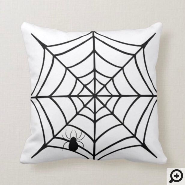 Spooky Black & Orange Spiderweb Spider Halloween Throw Pillow