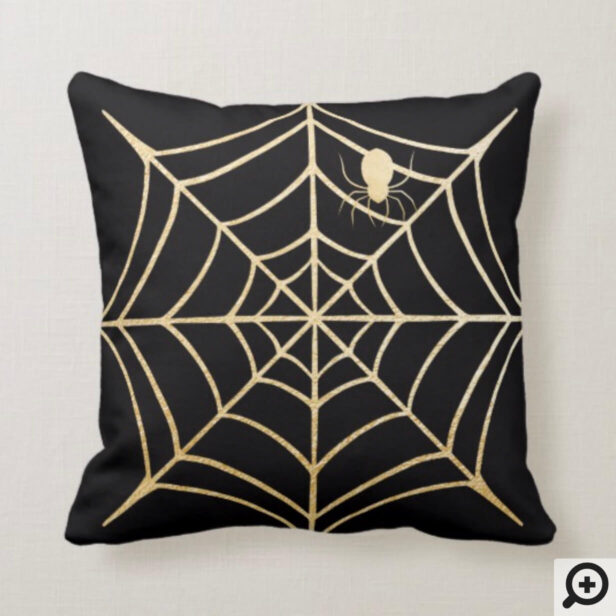 Spooky Black & Gold Spiderweb Spider Halloween Throw Pillow