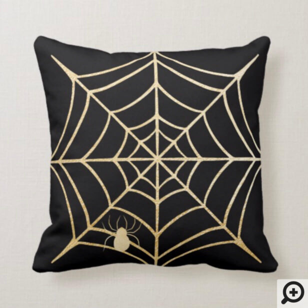 Spooky Black & Gold Spiderweb Spider Halloween Throw Pillow