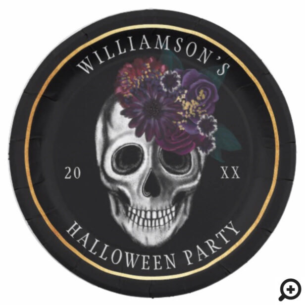 Black & Gold Moody Floral Halloween Skull Party Paper Plate